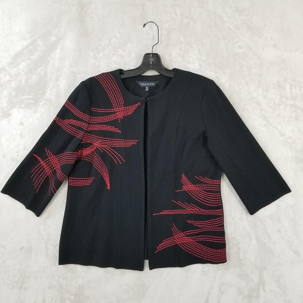 Ming Wang Petite Black‎ Knit Sweater Black Embroidered Open Front Career Office